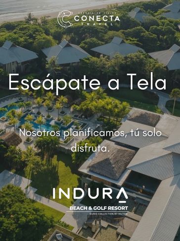 Aerial view of Indura Beach &amp; Golf Resort with travel promotion text.