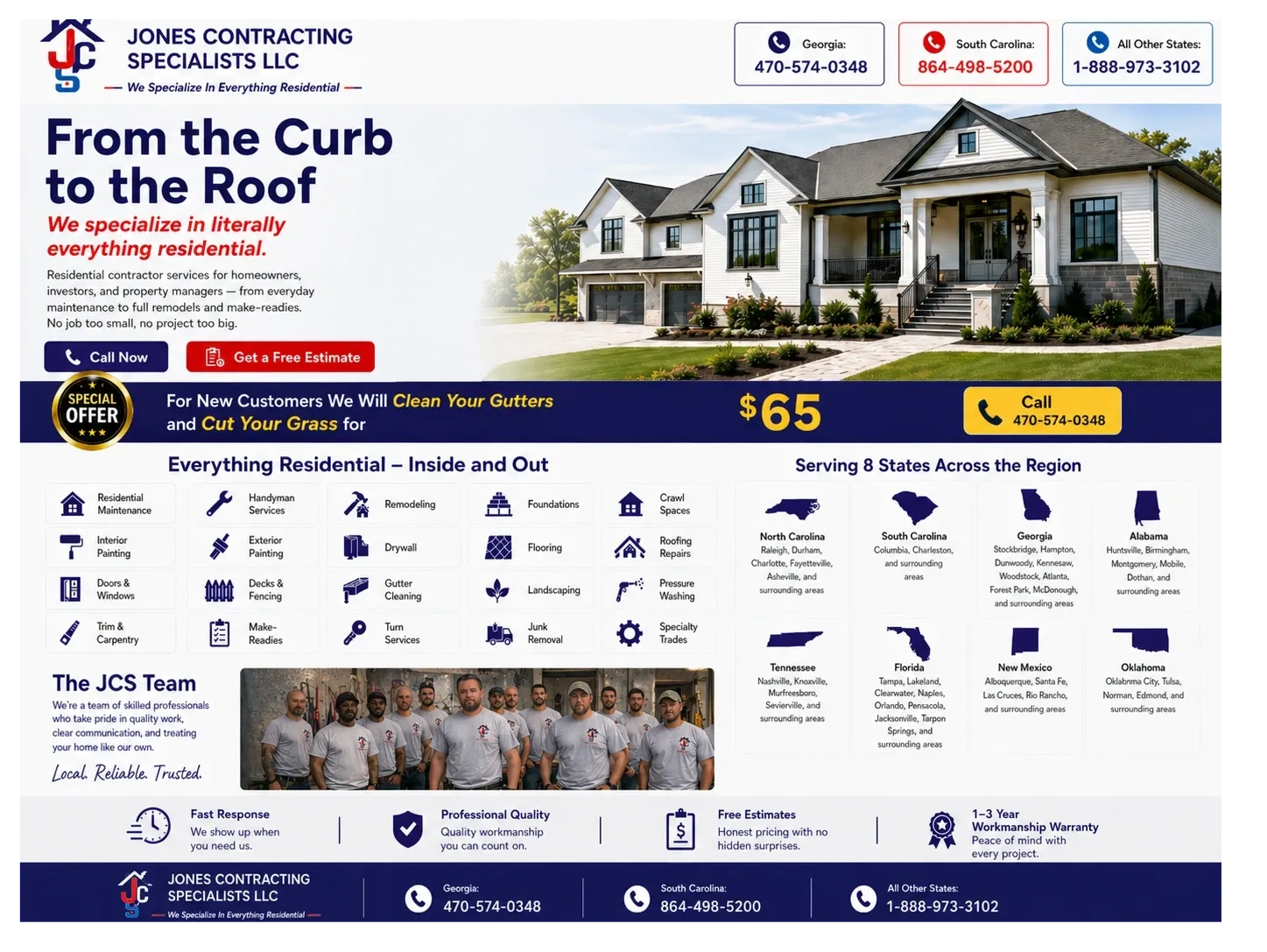 Jones Contracting Specialists offers residential maintenance and remodeling services across eight states.