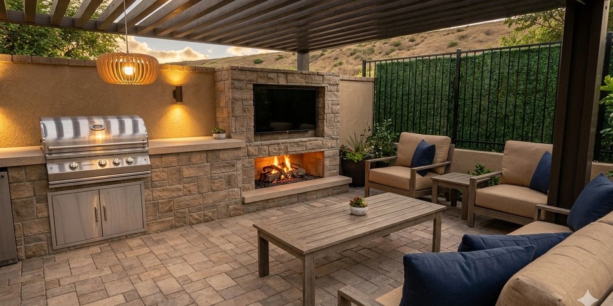 Cozy outdoor patio with fireplace, TV, and seating area under pergola.