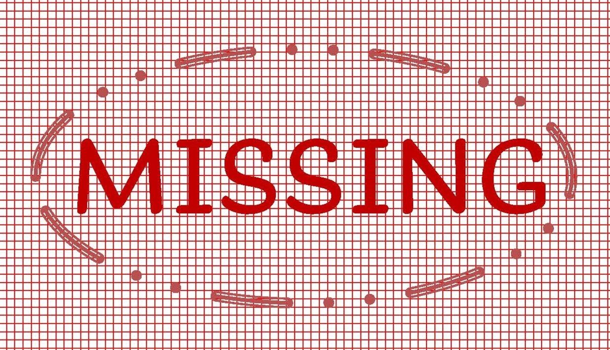 Red word 'MISSING' on a red grid background with decorative oval marks.