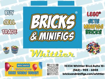 Bricks &amp; Minifigs store advertisement in Whittier.