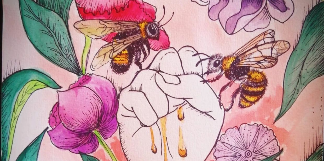 A fist with honey dripping, surrounded by bees and colorful flowers. A representation of strength and compassion, our core values. 