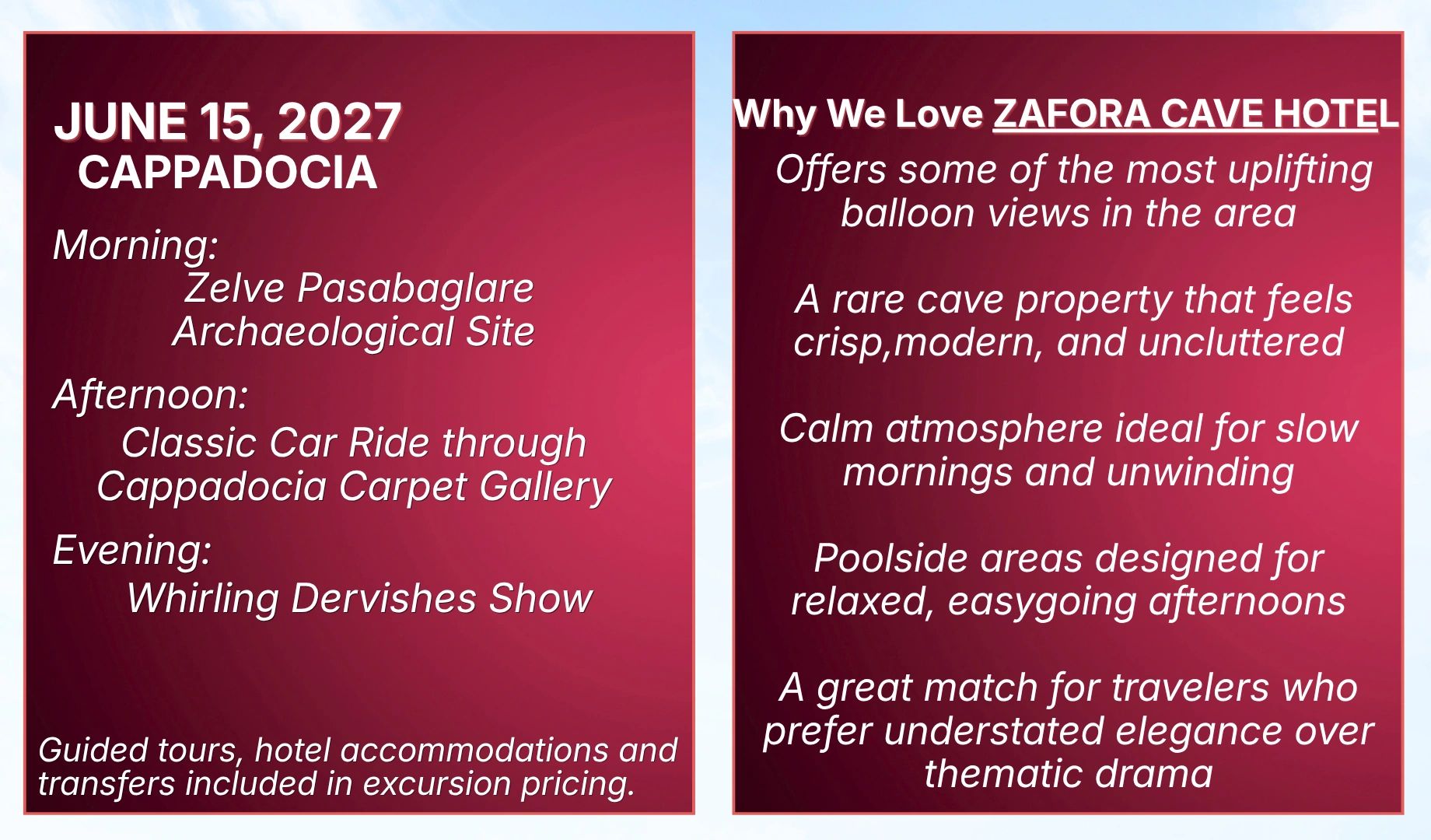 June 15, 2027 itinerary in Cappadocia and reasons to love Zafora Cave Hotel.