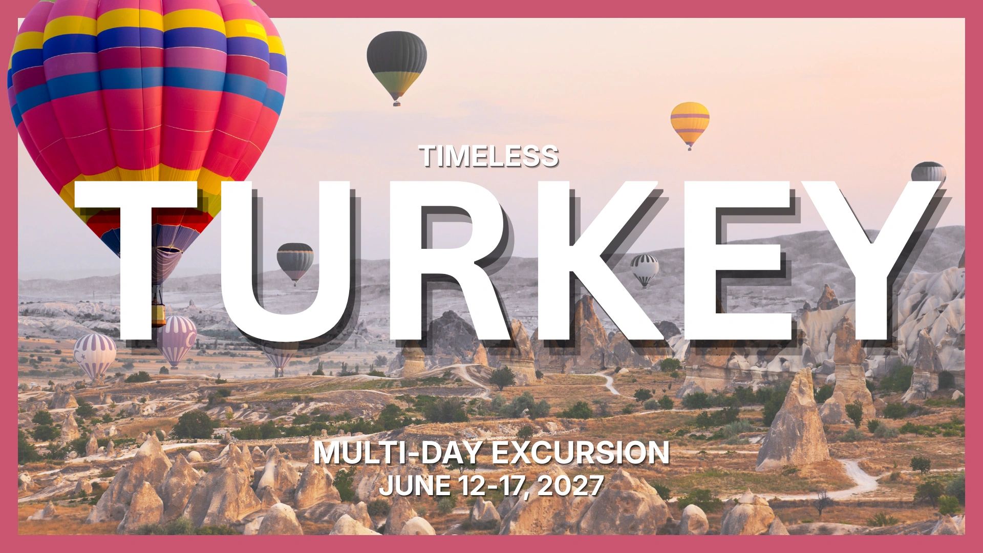 Colorful hot air balloons flying over unique rock formations in Turkey.
