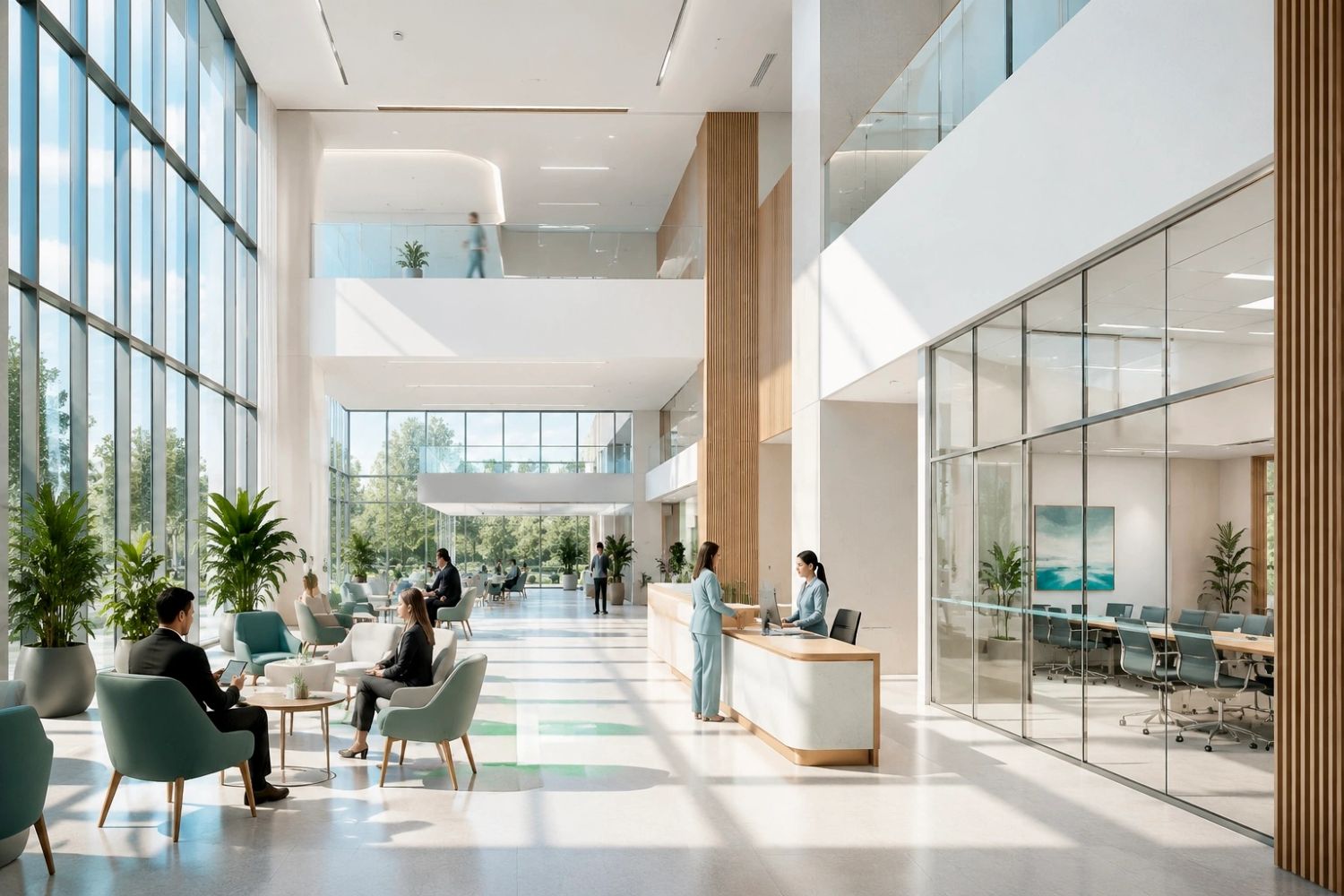 Bright modern office lobby with large windows and seating areas.