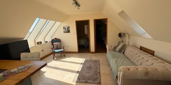 Bright and cozy attic living room with skylights.
