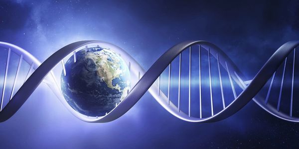 DNA helix with Earth inside, symbolizing genetics and the planet.