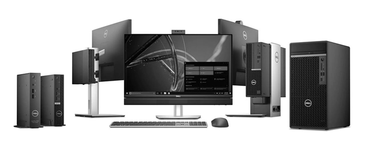Various Dell desktop computers and monitors displayed together.