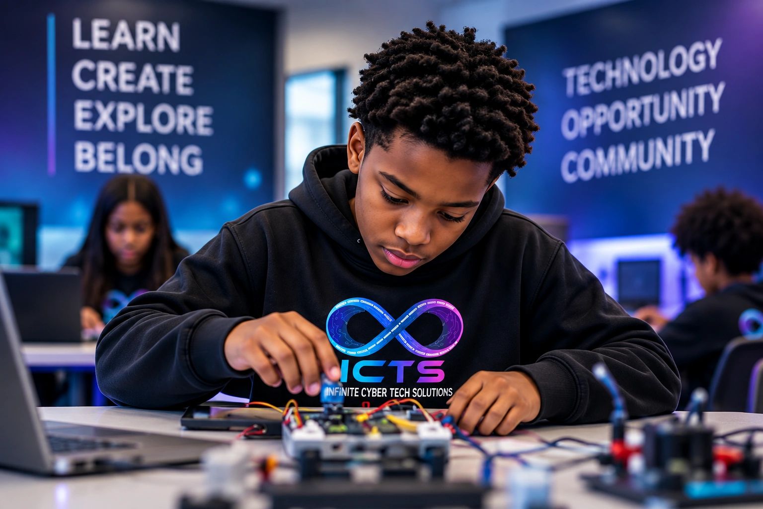 Male student working on robotics 