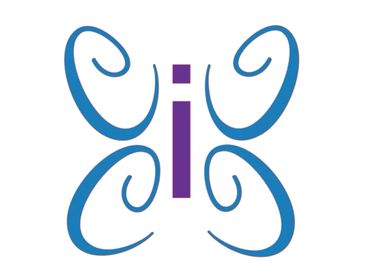 A stylized butterfly logo with blue wings and a purple body.