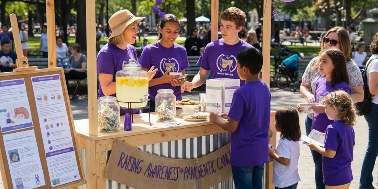 Group at a purple-themed booth raising awareness for pancreatic cancer.