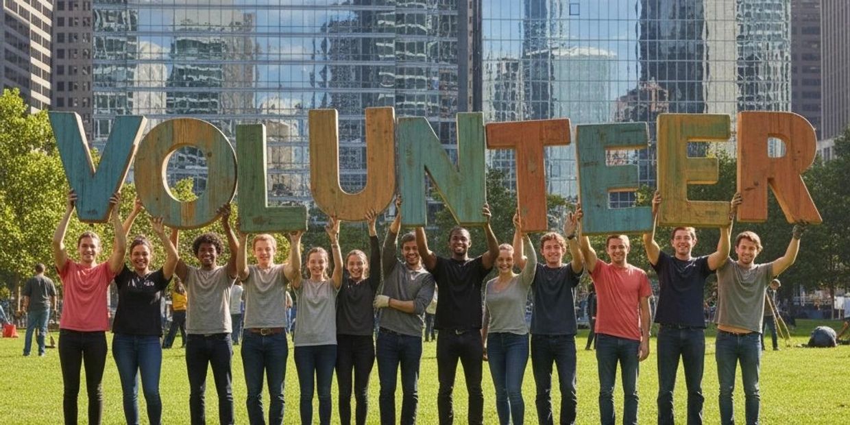 A diverse group holding large letters spelling VOLUNTEER in a city park.