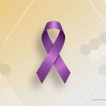 A purple awareness ribbon symbol on a light hexagonal background.