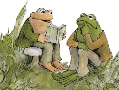 Frog & Toad cartoon with both frogs sitting and reading 