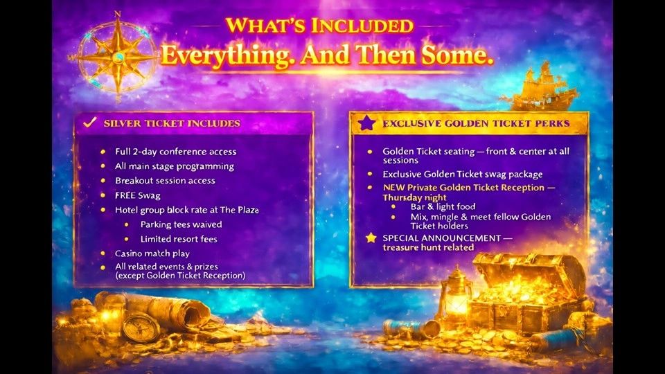 Conference ticket options with silver and exclusive golden perks highlighted.