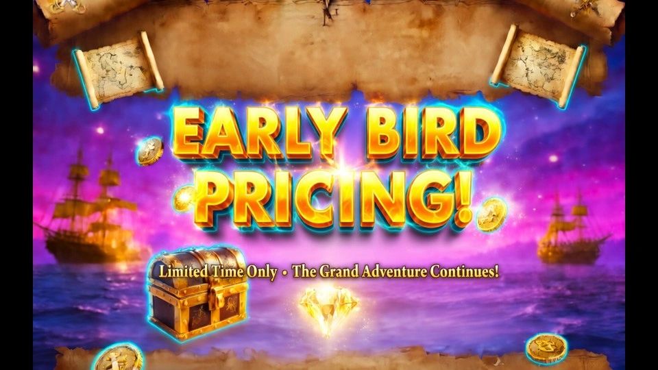 Bright early bird pricing ad with treasure chest and pirate ships theme.