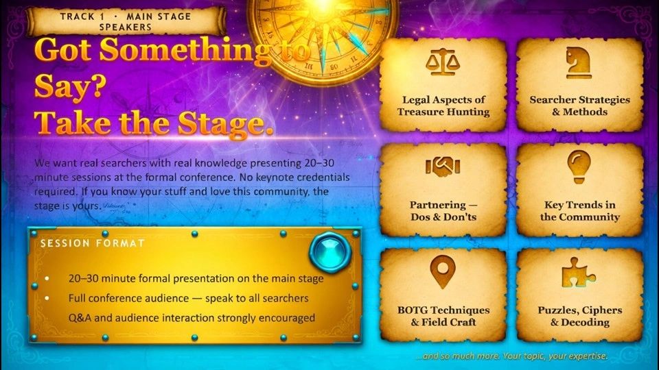 Invitation for treasure hunters to present at a conference with various session topics.