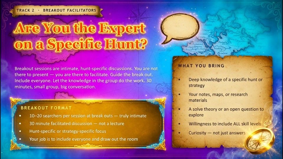 A colorful guide explaining breakout sessions for hunt experts with tips and format details.