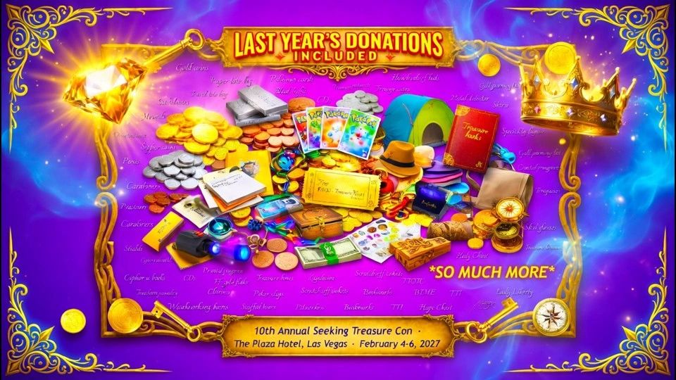 Colorful treasure items and coins with event details on a purple background.