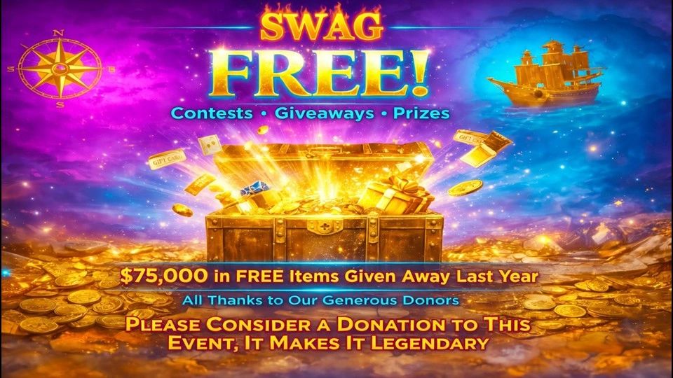A glowing treasure chest with swag giveaways and prizes advertised.