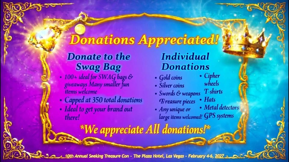 Colorful flyer requesting donations for swag bags and individual items at a treasure convention.