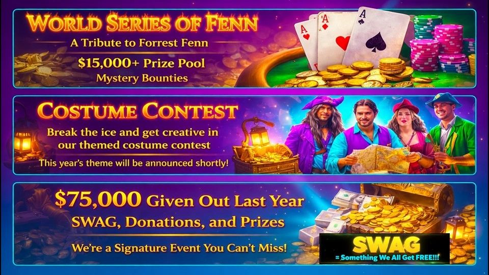 Colorful promotional banner for World Series of Fenn with prizes, costume contest, and swag giveaways.