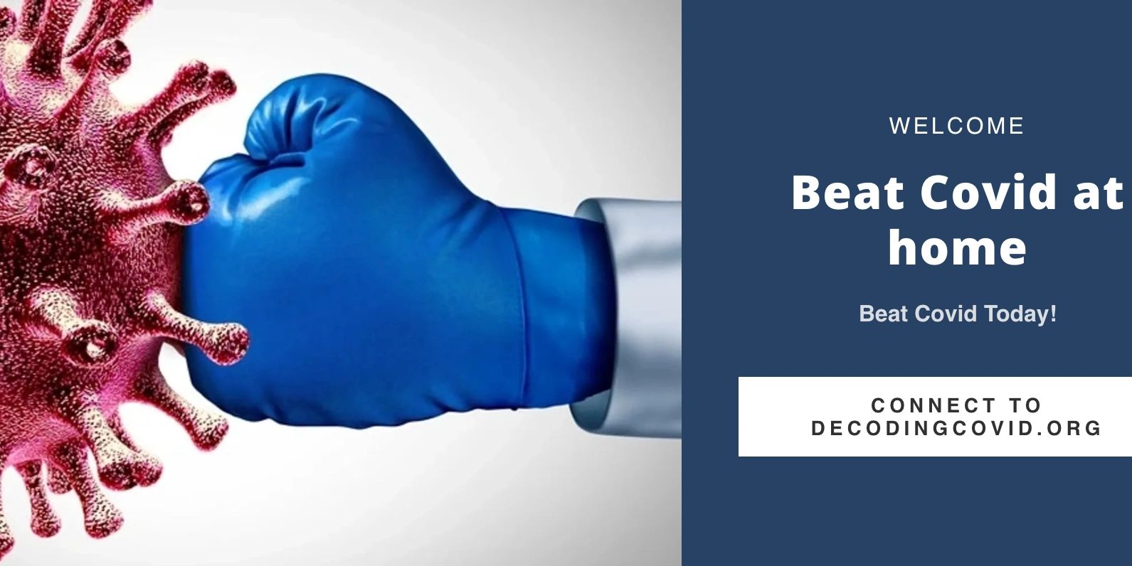Blue boxing glove punches Covid virus symbol.