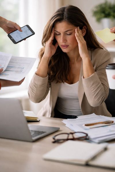 Stressed woman overwhelmed with work and demands from multiple people.