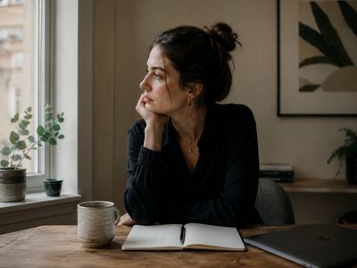 Woman in black top gazing thoughtfully out window beside coffee cup and open notebook.