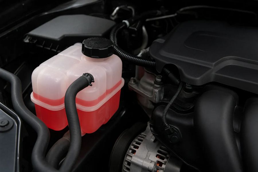 Close-up of a car's coolant reservoir
