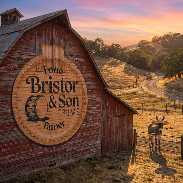 Rustic barn with a drum-themed sign and a donkey wearing a sombrero at sunset.