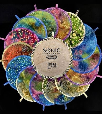 Colorful circular fabric pads arranged in a flower shape around a central label.