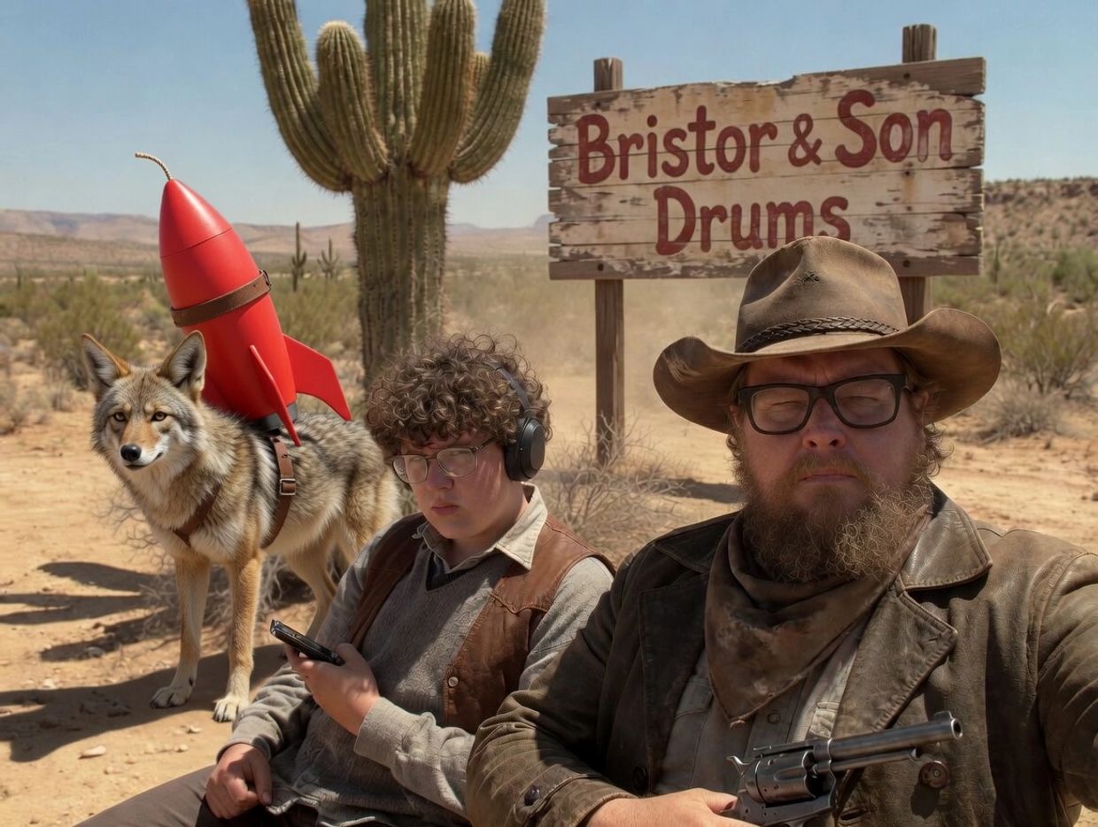 Two men and a dog with a rocket in a desert near a wooden sign.