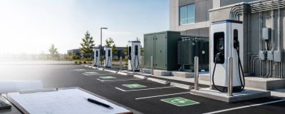 Electric vehicle charging stations outside a building.