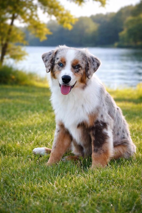 Happy Australian Shepherd sitting on grass near a lake.