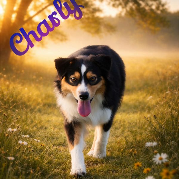 A happy dog named Charly walking in a sunlit field with wildflowers.