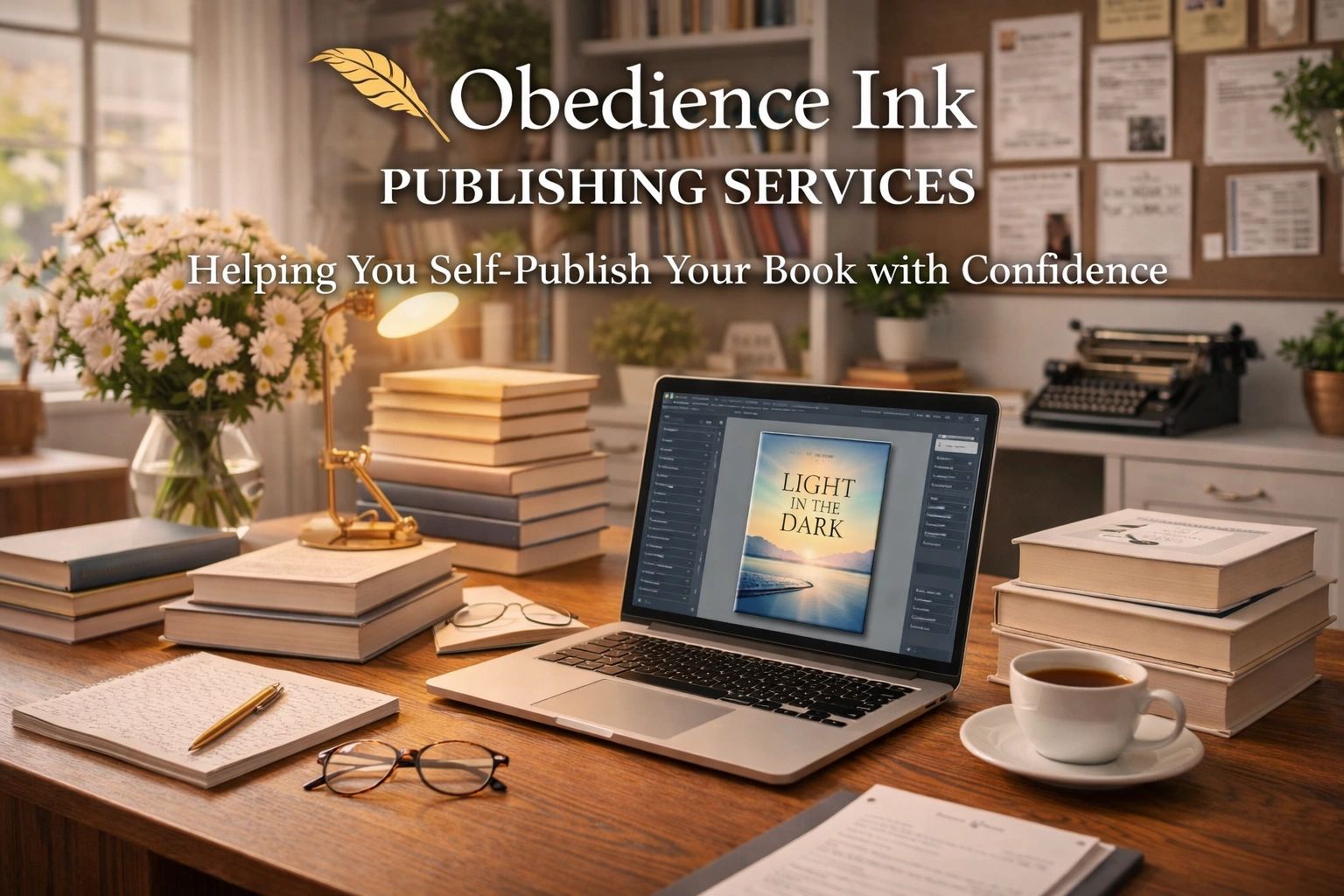 Cozy workspace with books, laptop, and coffee promoting Obedience Ink publishing services.