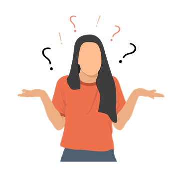 Woman confused with question marks around her head.