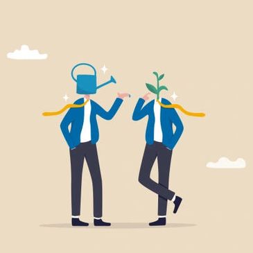 Two businesspeople with watering can and plant heads symbolizing growth.