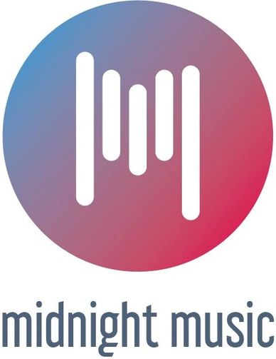 Logo for midnight music with vertical bars and gradient circle.