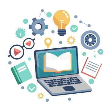 Online learning and digital education icons around a laptop.