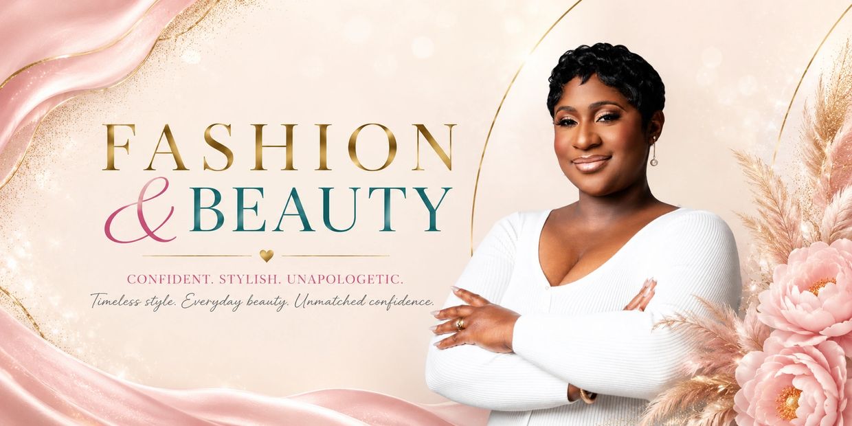 Empowered woman with text "Fashion &amp; Beauty" promoting confidence and style.