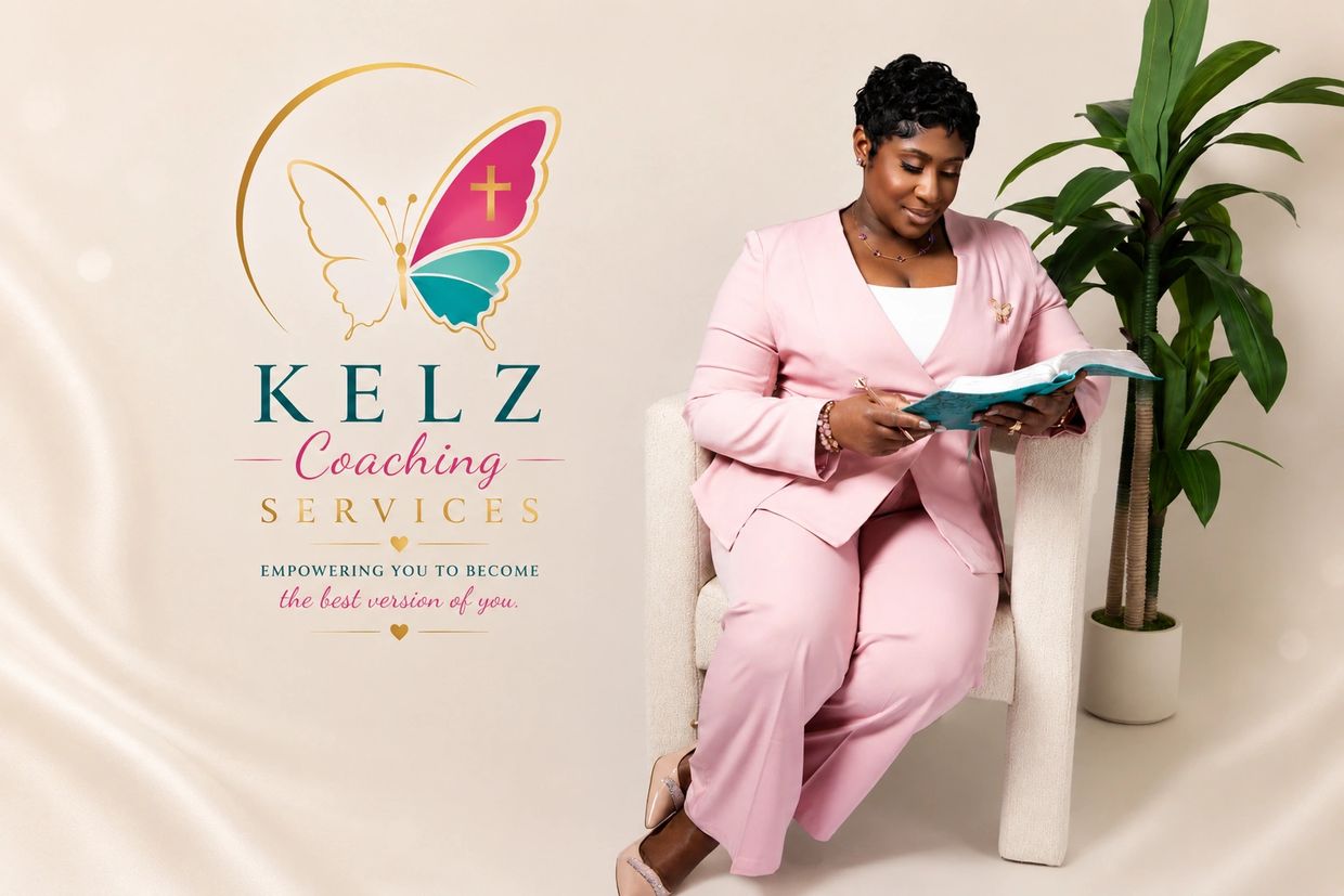 Woman in pink suit reading a book with coaching logo.