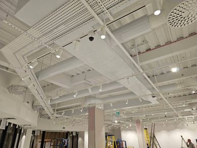 White ceiling with lights, ladders, and ventilation ducts in an industrial space.