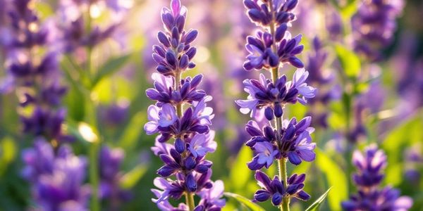Lavender flowers in a field with sun shinning on them.