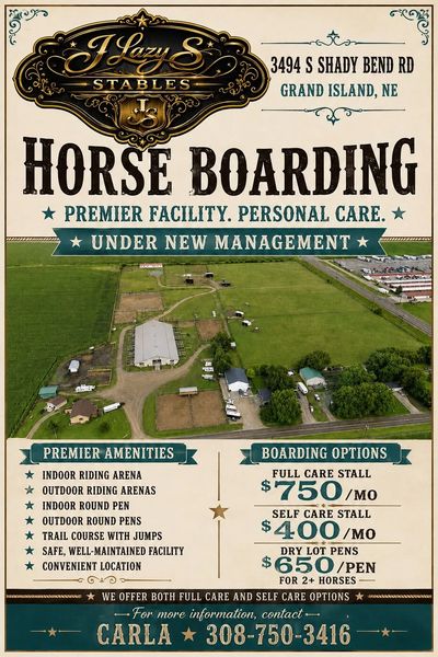 Horse boarding facility advertisement with amenities and pricing.