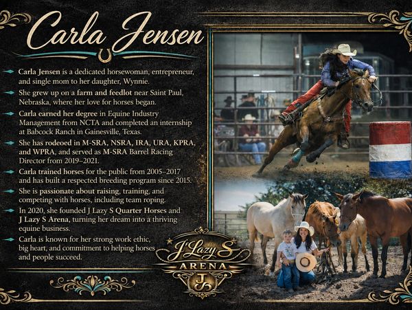 Carla Jensen, dedicated horsewoman and entrepreneur with deep equine roots.