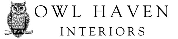 Detailed owl logo with 'Owl Haven Interiors' text in elegant font. Interior Designer