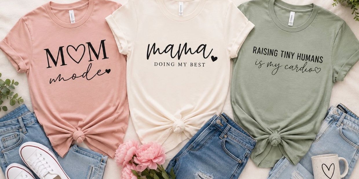 Three knotted mom-themed T-shirts in pastel colors paired with denim and accessories.