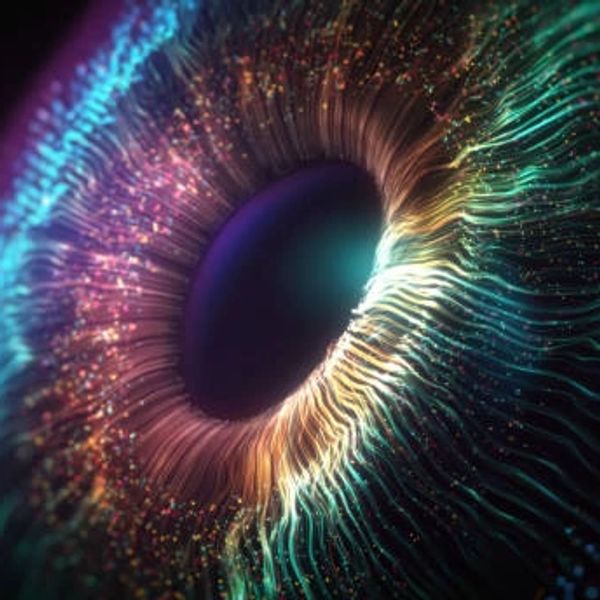 Close-up of a vibrant, glowing eye with intricate light patterns.